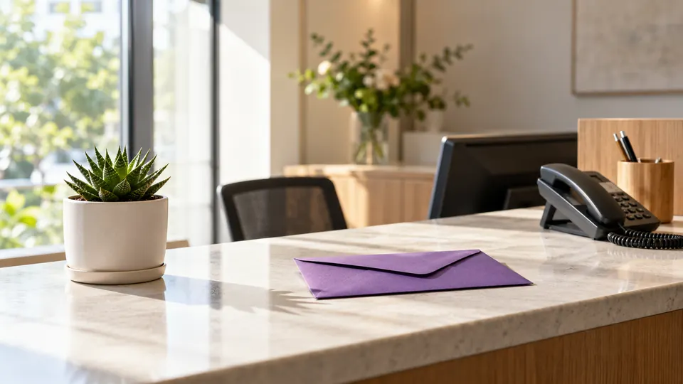 Reception desk with a purple envelope and a phone