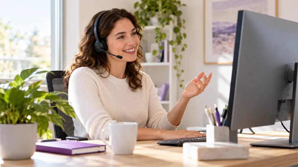 Customer service agent with a headset smiling at her desk