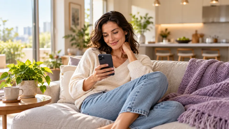 Woman relaxing on a sofa checking her phone after a loan approval