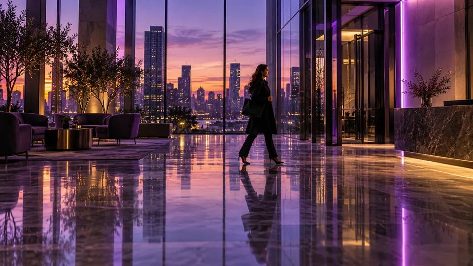 Modern glass office lobby at dusk