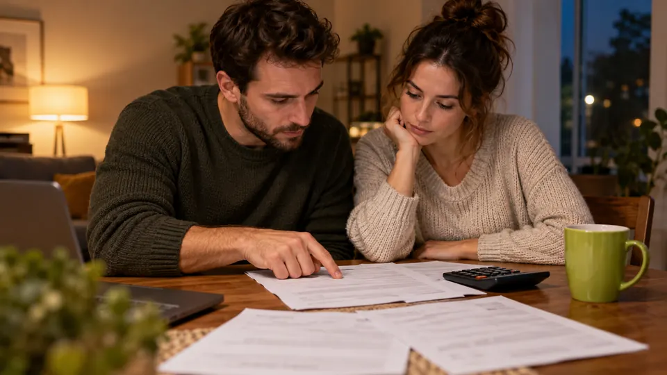 Couple reviewing printed loan documents together at the dining table
